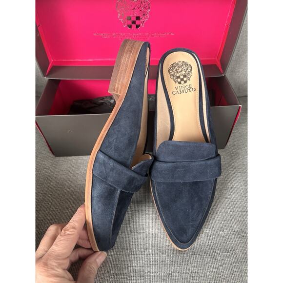 NIB Vince Camuto VC-Kirstie Dark Navy Pure Suede Slide Slip-on 9.5 Mule Classic - Picture 4 of 7